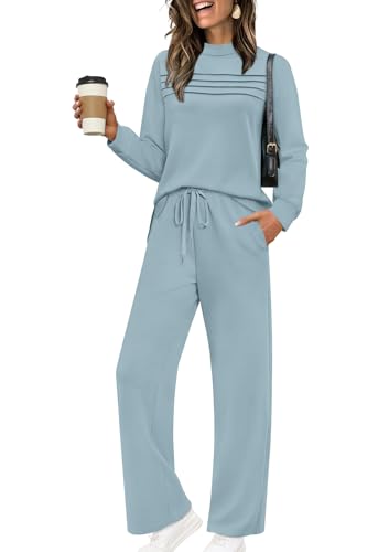 Image of WIHOLL Two Piece Sets for Women Fall Travel Vacation Outfits 2026 Long Sleeve Lounge Sets Side Slit Wide Leg Pants XS-3XL