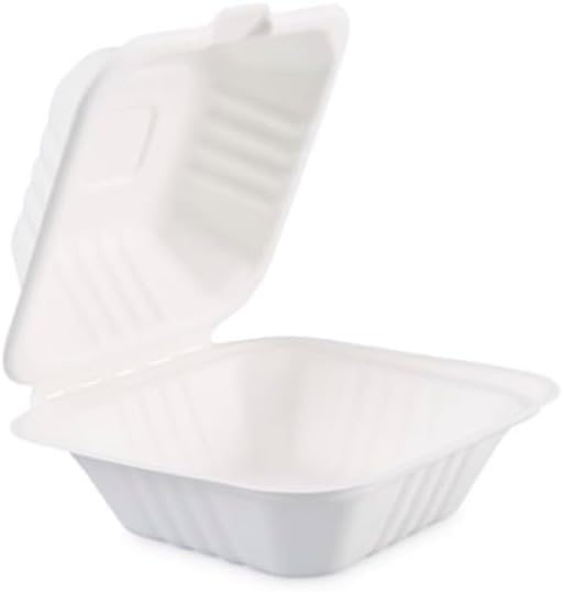 Clamshell Take Out Food Containers 6" x 6” (300 Pack) 1-Compartment, Disposable To Go Container, Togo Boxes With Lids, Trays for Lunch, Dinner, Meal-Prep, Eco Friendly, Compostable, Biodegradable