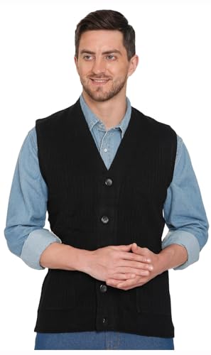 Turtle Bay New York Men's Cashmere-Like Button Front Flat Knit Sweater Vest with front patch pockets BLACK / 2XL