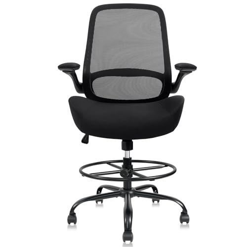 Image of HYLONE 400lbs Big and Tall Heavy Duty Drafting Chair 5 inch Thickened Seat Tall Office Chair Flip-Up Armrests Ergonomic Chair with Lumbar Support and Adjustable Footrest Ring Standing Desk Chair (Black)