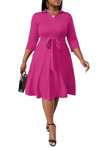 Image of FANDEE Plus Size Midi Dress for Women - Printing Summer Dresses for Wedding Guest Cocktail Party 3 /4 Sleeve V Neck（L-5XL）