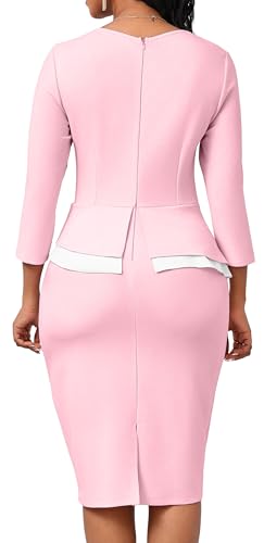 Oxgmoky Women Church Dress Work Business Bodycon 3/4 Sleeve Round Neck Pencil Dresses2