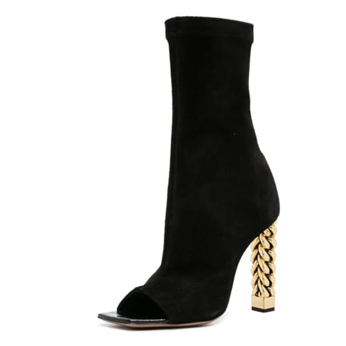 FYS Women's Square Open Toe Ankle Boots Gold Block High Heel Booties Side Zipper Party Dance Club Shoes Size 4-16 US