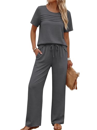 OFEEFAN Women\'s 2 Piece Outfits Summer Linen Wide Leg Pants Matching Lounge Set for Travel Vacation Airport Going Out Resort Wear Casual Fashion Clothing Dressy Suits Short Sleeve Loungewear Grey L