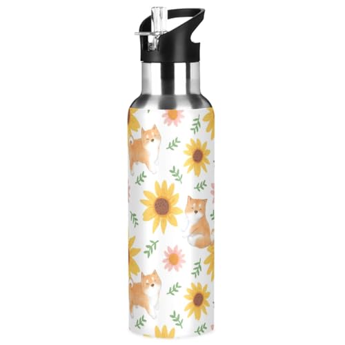 ZZKKO Water Bottle with Straw Shiba Inu Dog Sunflowe Stainless Steel Iron Flask Capsule Water Bottle Daily Water Intake Bottle Thermos Kids Cups No Spill Women Adult 20OZ/600ML