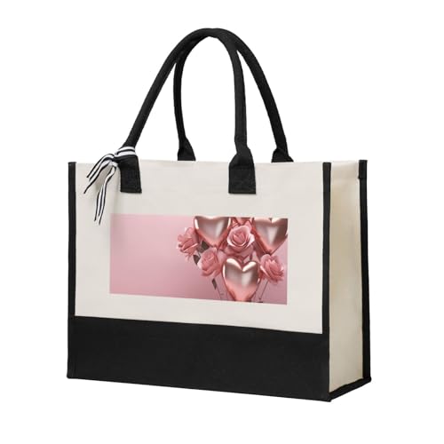 Canvas Tote Bag for Women Beach Tote Purse Reusable Grocery Bag Pink Rose Balloon Heart Aesthetic Shopping Bags