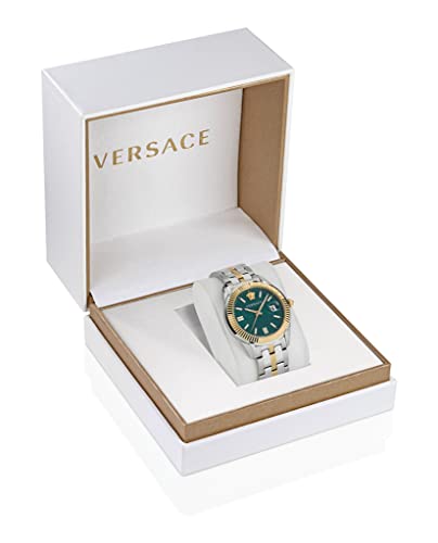 Versace Greca Time Collection Luxury Mens Watch Timepieces with a Two Tone Bracelet and Case Featuring a Green Dial4