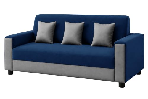 Image of Modern 3 Seater Sofa | Contemporary Upholstered Couch | Premium Cushioned Seating | Stylish Armrest Design | Comfortable Sofa for Living Room, Bedroom & Office - Blue + Grey Color