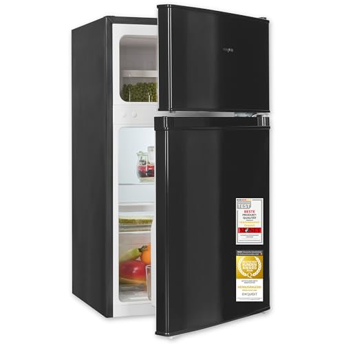Exquisit Kühlschrank mit Gefrierfach klein, 85 l, Mini Kühl-Gefrierkombination schwarz, 4-Sterne-Gefrierfach -18°C, LED, leise 40 dB, 85 x 47,5 x 50,5 cm