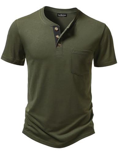 LucMatton Mens Lightweight Henley Shirt Casual Stretch Slim-Fit Short-Sleeve T-Shirt with Pocket Army Green Large