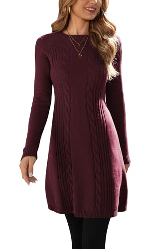YUTILA Damen Strickkleid Winterkleider Elegant Langarm A Linie Baumwolle Pulloverkleid Rundkragen Casual Freizeit Minikleid Pullikleid