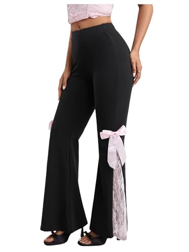 WDIRARA Women's Lace Bow Knot Flare Pants Elastic Waist Bell Bottom Trousers