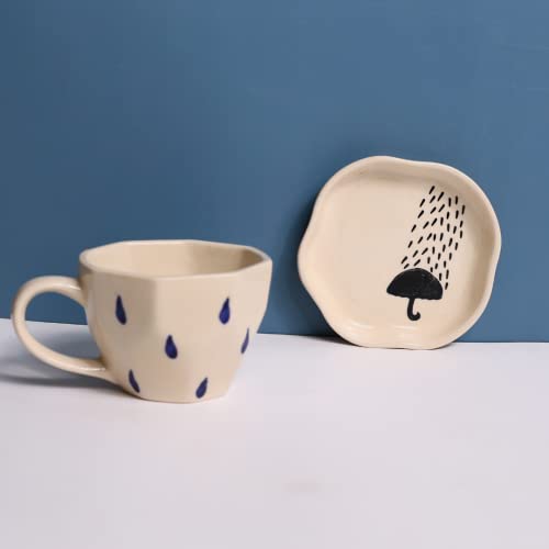 Image of WEAVING HOMES Ceramic Raindrop Mug & Umbrella Dessert Plate (Set of 2) - Mugs, Plates, Ceramic Mugs, Dessert Plates, Coffee Mugs, Mug & Plate Set, Tea Mugs