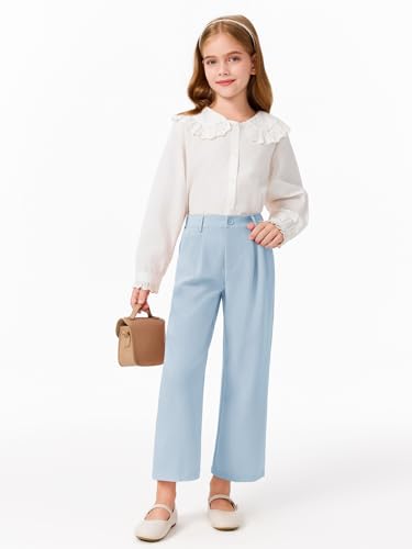 Image of Haloumoning Girls Uniform Pants Kids High Waisted Wide Leg Dress Pants Casual Trousers with Pockets 5-14 Years