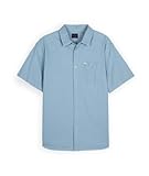 Chemise manches courtes LINES. Chemise unie manches courtes en coton avec fils flottants multicolores pour effet rayé, col italien avec pied de col et poche poitrine plaquée boutonnée avec étiquette tissée.. Notre mannequin studio mesure 1m85 et porte une taille L.