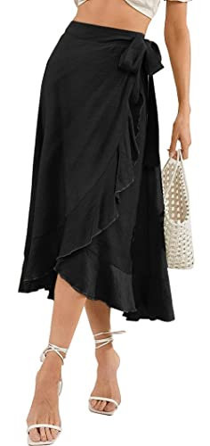 FEOYA Women's High Waisted Tie Wrap Midi Skirts Plain Ruffle Hem Split Maxi Wrap Skirts Casual Summer Beach Long Skirts Black S