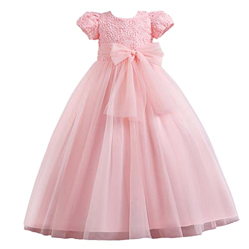 GVGV Princesse Cérémonie Robe Broderie Floral Tulle Fille Mariage Anniversaire Soiree Longue Enfant Fête Demoiselle d'honneur Bal Baptême Communion Robes Habillée Rose 5-6 ans Cover