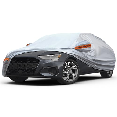 Image of 6-Layer Full Car Cover is All-Weather Waterproof, Fit for 168 inch-182 inch Length Sedan, Universal in All Seasons, Snow Prevention, Rainproof, Acid Rainproof, Sunscreen, Orange Reflective Strip
