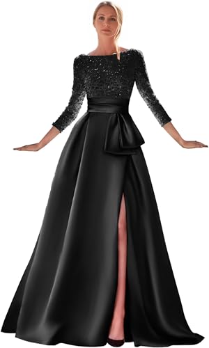 Dexinyuan Women's Long Sleeves Prom Dresses Long Ball Gown for Women Sequin Satin Formal Evening Dresses with Slit