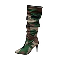 Boots for Women Casual Camouflage Pattern Stiletto Knee High Boots Fashionable Pointed Toe Women's Boots Comfortable Snug Hug Walking Shoes