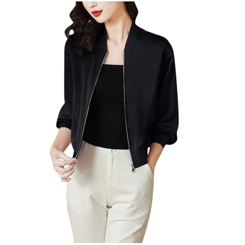 Womens Bomber Jacket Satin Silk Coat Casual Stand Collar Zip Up Lightweight Fall Fashion Jackets with Pockets