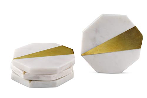 GoCraft Brass Marble Coasters  Handcrafted Geometric White Marble Coasters with Brass Inlay for Your Drinks Beverages WineBar Glasses Set of 4