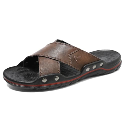 Mens Slide Sandals Open Toe Non-Slip Comfortable Slippers Men Leather Summer Lightweight ﻿