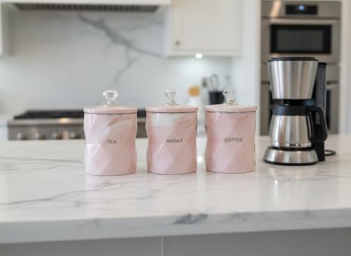 Biznest Tea Sugar Coffee Canister Jar Storage Set Of 3 With Sparkling Crystal Diamante Lid (PINK)