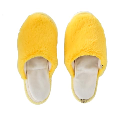 slide on Aromatherapy women's slippers featuring heatable lavender-filled aromatherapy insoles. Spa-style slide-on slippers with a fuzzy faux fur exterior.