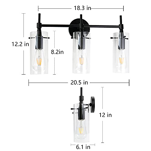 Image of MONKFISH Wall Light 3-Light Wall Sconce with Clear Glass Shade, Modern Minimalist Wall Lamp Fixture for Bathroom Bedroom Stair Cafe (Black)