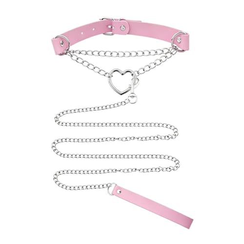 Sexy Neck Collars for Women Chain and Leather Chokers Necklace for Womens Heart Pink Choker Body Chain Necklace Adjustable Choker Leash Couples Adult Play Bedroom Accessories Cosplay Role Play Leash