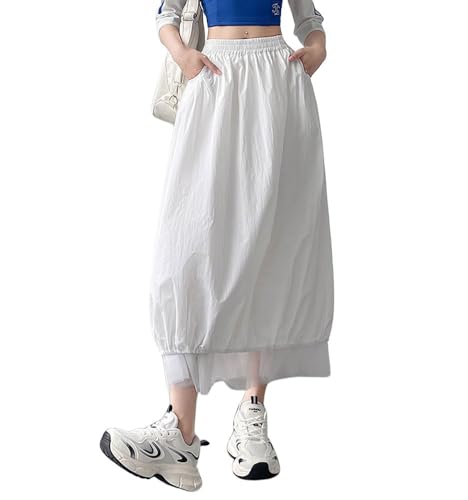 chouyatou Women's Y2k Baggy Parachute Skirt Casual Elastic Waist Mesh Spliced Bubble Puffy Long Skirt with Pockets