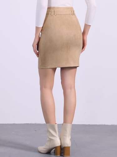 Allegra K Faux Suede Skirt for Women's High Waist Casual Belted Pencil Skirts3