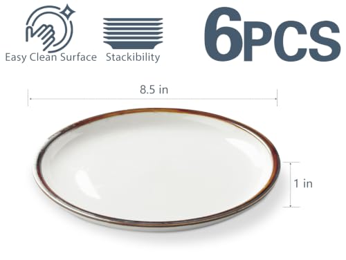 Image of ONEMORE Ceramic Plates Set of 6, 8.5 inch Small Dinner Plates for Appetizer, Salad and Dessert. Oven, Microwave and Dishwasher Safe Plate. Rustic Kitchen Porcelain Dish - Cream White