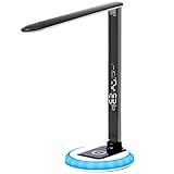 Gerintech LED Desk Lamp Dimmable Table Lamp with Clock, USB Charging Port and Color Changing Base for Office or Study Desk, Touch Control 9 Light Choices Eye-care Light with Thermometer, Calendar, 10W
