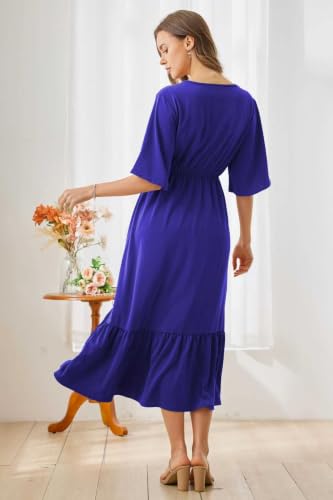 Image of Women's Summer Short Sleeve Maxi Floral Flowy Dresses with Pockets