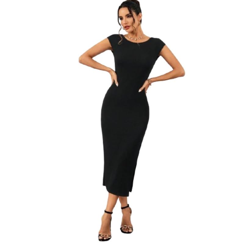 bifanxi Backless Slim Fit Dress for Women with Long Skirt Design in Lightweight Soft Polyester Fabric | Black-L-picture-10