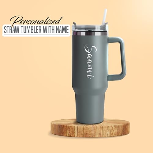 Image of SAVRI Customized Tumbler with Name, 1200 ML Stainless Steel Travel Mug with Straw, Lid & Handle, Personalised Sipper Water Bottle for Women, Men & Girls, Anniversary Birthday Gift for Office & Gym Use