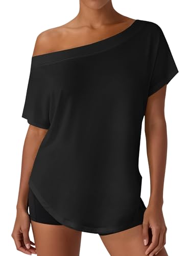 Image of Hilinker Women's Sheer Off The Shoulder Tops See Through Sexy Short Sleeve Mesh Shirt Summer