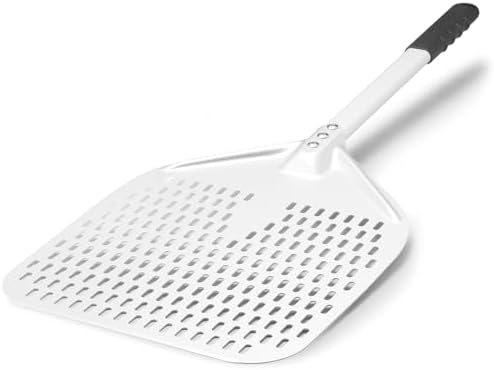 Pizza Turning Peel Round Anodized Aluminum Perforated Pizza Peel Turner With Metal Handle Pizza Paddle Spinner For Outdoor Pizza Oven Accessories (White, 12