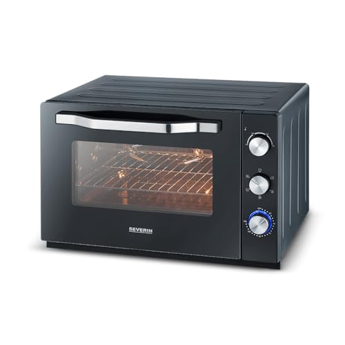 SEVERIN XXL Toaster Oven with Convection Function, Mini Toaster Oven with Rack and Tray, Small Oven with Pizza Stone and Rotisserie 2200 W, 60 L, Black, TO 2073