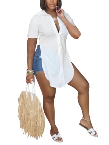 qfmqkpi Women Sexy V Neck Side Slit Collared Blouse Button Down Short Sleeve Long Shirts Tops