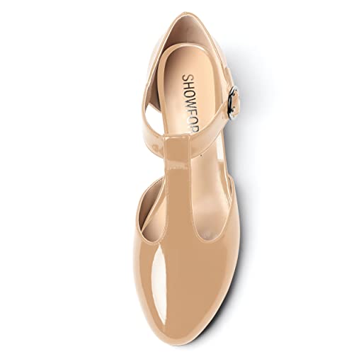 SHOWFOREST Women's Buckle Cute Office T Strap Patent Round Toe Cut Out Chunky Low Heel Pumps Shoes 1.5 Inch3