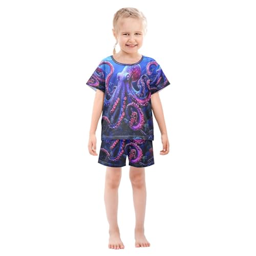 ALAZA Dark Red Octopus Ocean Pajamas Set Short Sleeve Cotton Sleepwear Summer Pjs 2 Piece 5-14Y3
