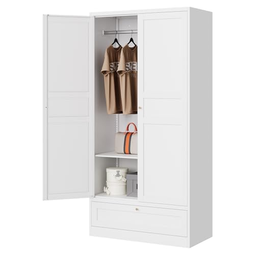 Letaya Wardrobe Closet,72" H Clothing Metal Storage Cabinet with Storage Drawer Adjustable Shelves and Hanging Rod,Bedroom Armoire Cabinet Clothes Organizer (White)