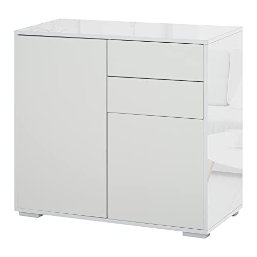 HOMCOM Aparador para Cocina con 2 Puertas 2 Cajones Marco de Blanco Brillante Estante Ajustable Apertura a Presión Armario de Almacenamiento para Dormitorio Salón 79x36x74 cm Blanco