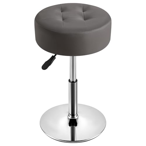IBUYKE Height Adjustable 360°Swivel Vanity Stool, Tufted Round Vanity Chair for Makeup Room, Faux Leather Vanity Stool for Bathroom, Living Room, Modern Ottoman, Gray WBD025G by IBUYKE - Image 2