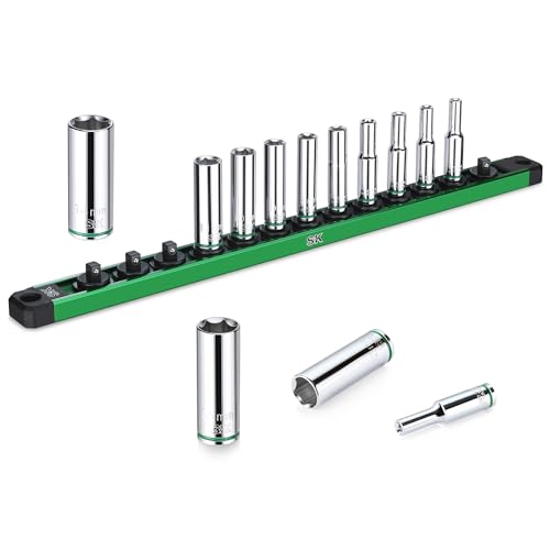 SK 1/4' Drive Socket Set, Deep Metric Sockets, 13-Piece 4-14 mm, SuperKrome Finish, Premium CR-V Construction, with Aluminum Socket Organizer