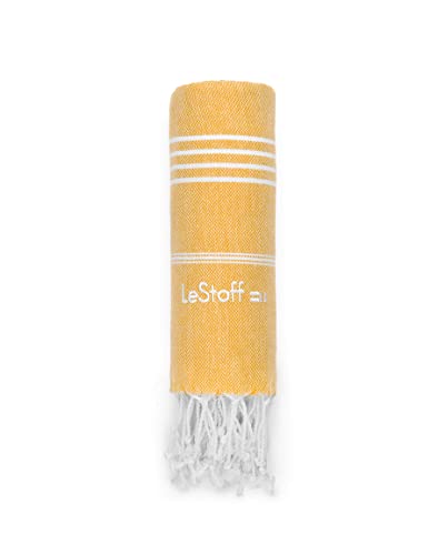 LeStoff Premium Hamamtuch XXL 200 x 200 cm - 100prozent Bio-Baumwolle, Vorgewaschen, Nachhaltig, Saugstark und Schnelltrocknend, Picknickdecke, Liegetuch, für Strand, Bad, Yoga, Camping und Reise, gelb (Yellow)
