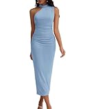 DRESSTELLS Wedding Guest Dresses for Women One Shoulder Halter Ruched Bodycon Midi Party Dress with Back Split Ladies Elegant Formal Evening Gown Blue L